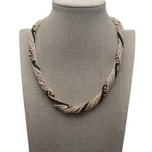 Ivory Brown Seed Bead Torsade Necklace – Textural Neutral Resort Style